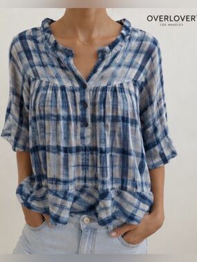 Overlover Blue Cotton Short Sleeve Top Made in USA Sz. S